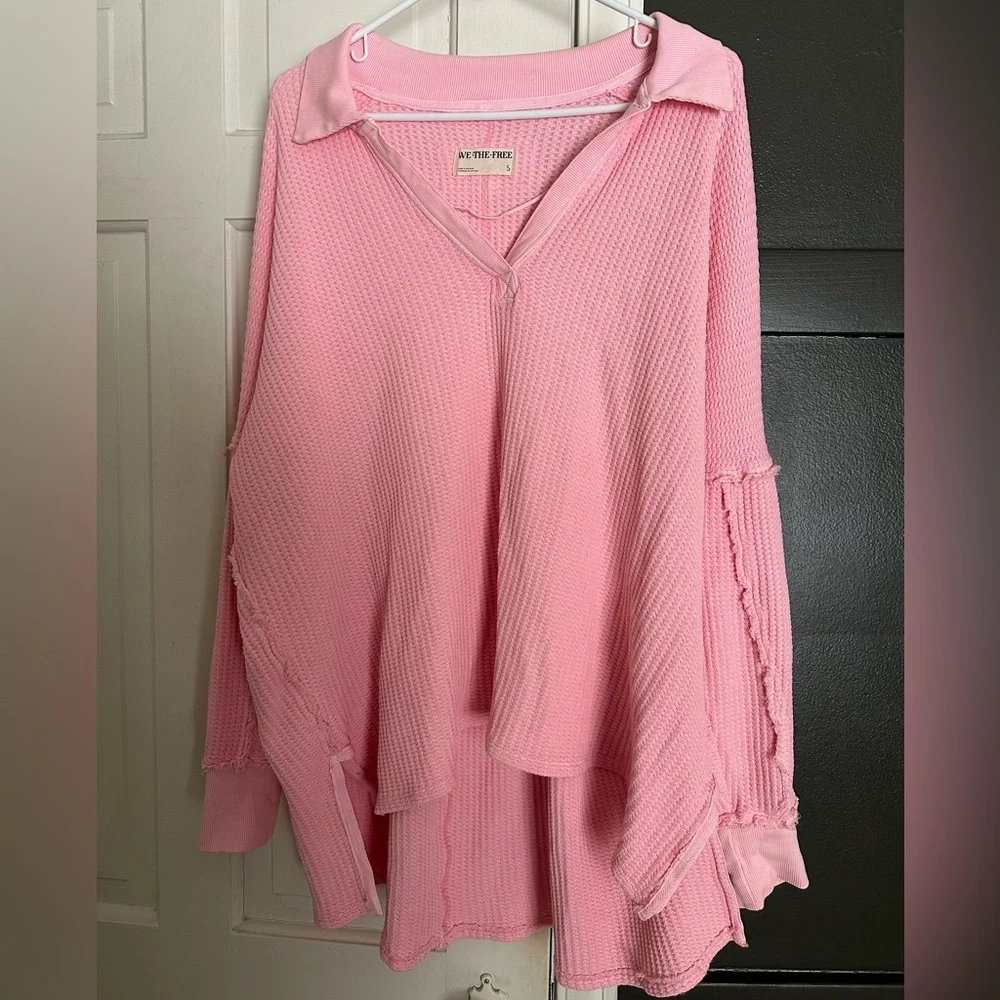 We the Free Thermal Oversized Collared Top Travis Waffle Polo Size Small Pink - Picture 3 of 7